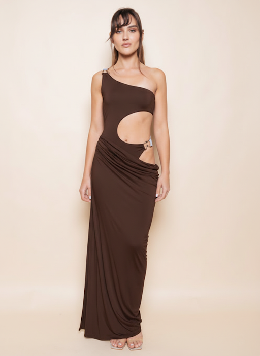 valentina asymmetric cutout one-shoulder midi dress Cut-Out Maxi · Chocolate Chocolate / M *MTO ONLY Satin Vintage Cocktail Dress Color:Khaki One shoulder design