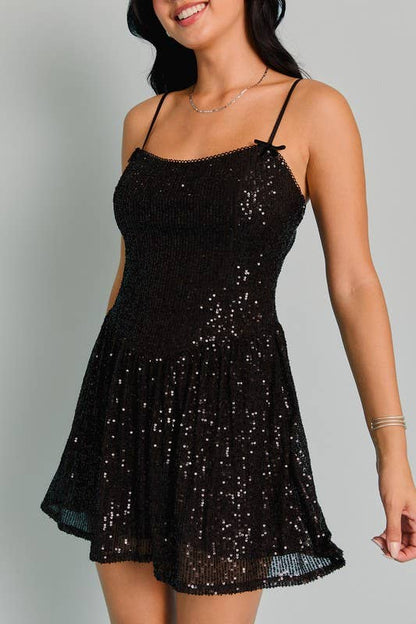 Velvet Bow & Lace Detail Sequin Mini Dress