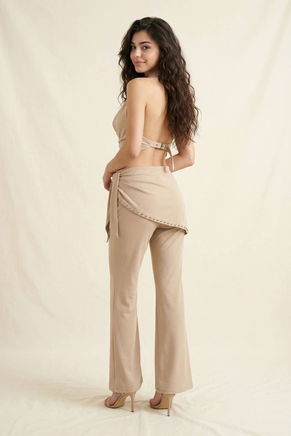 Studded Hem Knit Cowl Neck Top with Back Opening
