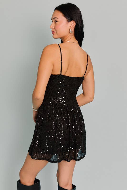 Velvet Bow & Lace Detail Sequin Mini Dress