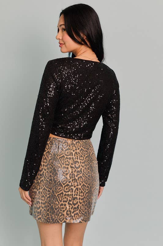Long Sleeve V-neck Bow Detail Sequin Open Top