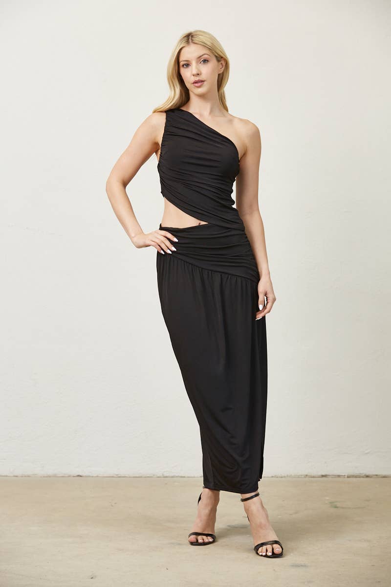 Asymmetrical Ruched Knit Maxi Skirt