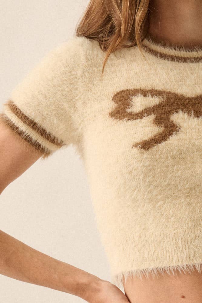 Fuzzy Kit Cropped Bow Graphic Short-Sleeve Sweater