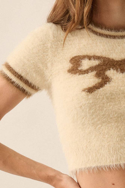 Fuzzy Kit Cropped Bow Graphic Short-Sleeve Sweater