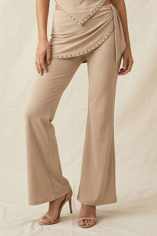 Knit Flare Pants with Studded Hem Tied Wrap