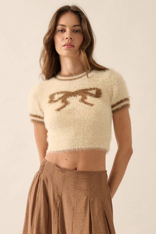 Fuzzy Kit Cropped Bow Graphic Short-Sleeve Sweater