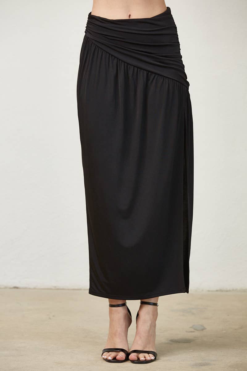 Asymmetrical Ruched Knit Maxi Skirt