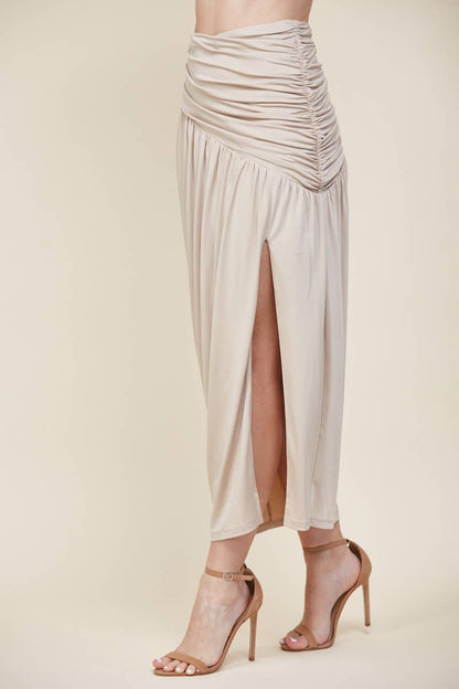 Asymmetrical Ruched Knit Maxi Skirt