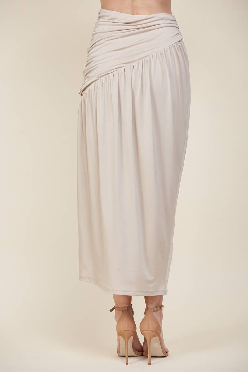 Asymmetrical Ruched Knit Maxi Skirt
