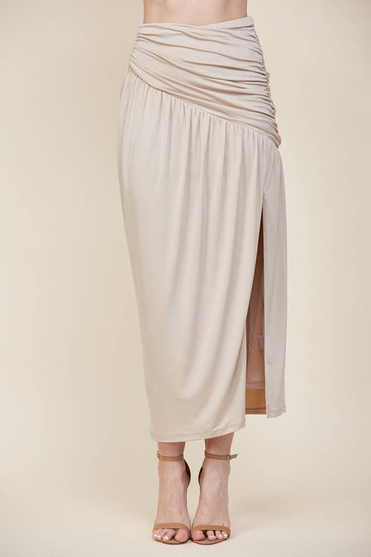 Asymmetrical Ruched Knit Maxi Skirt